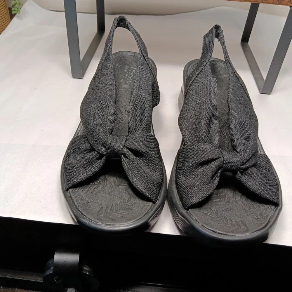 LifeStride Bzees Air Step Wedge Sandals Womens 7 Black Good Twist Knot Slingback